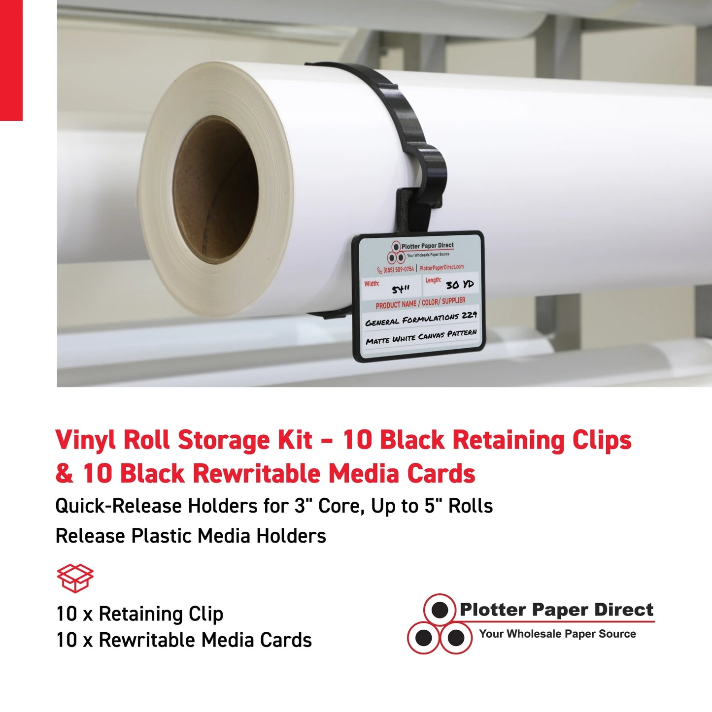 Vinyl Roll Storage Kit – 10 Black Retaining Clips & 10 Black Writable MediaCards | Quick-Release Holders for 4" Core, Up to 6" Rolls | Double-Sided Labeling for Size, Color & Supplier