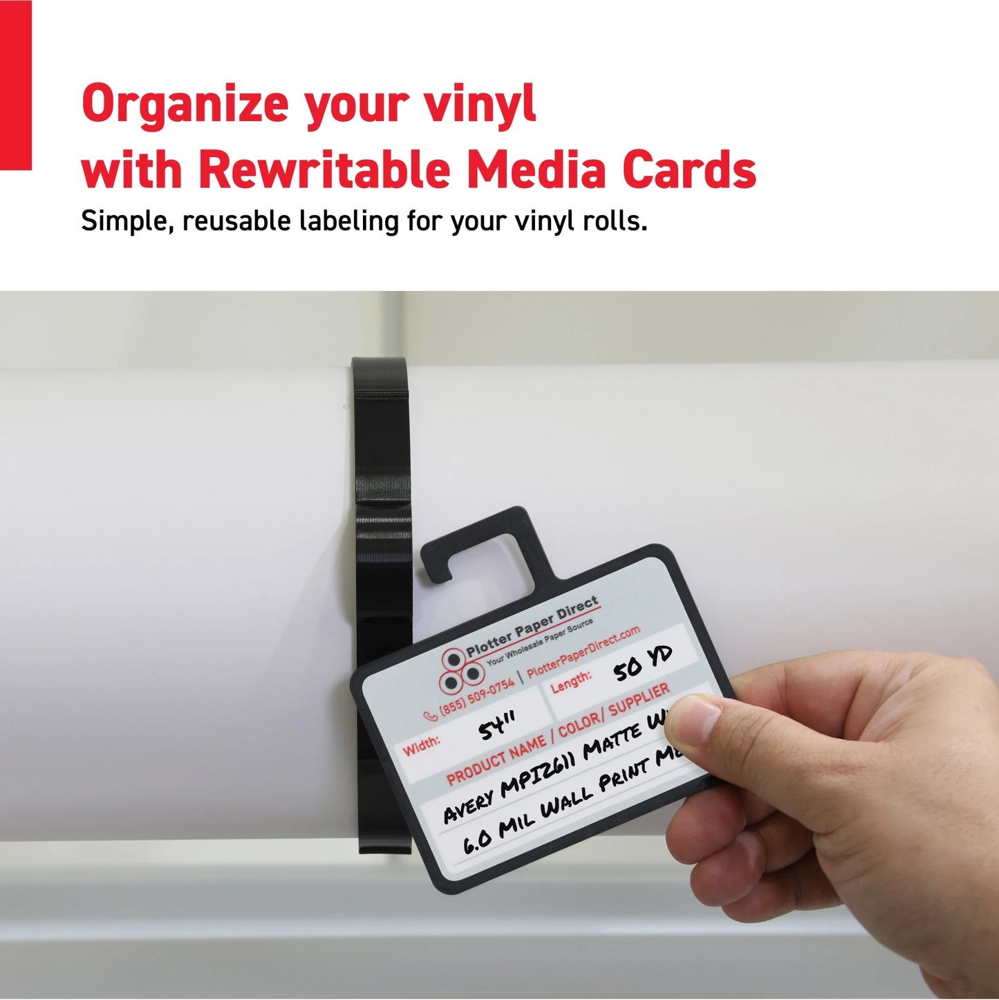 Vinyl Roll Storage Kit – 10 Black Retaining Clips & 10 Black Writable MediaCards | Quick-Release Holders for 4" Core, Up to 6" Rolls | Double-Sided Labeling for Size, Color & Supplier