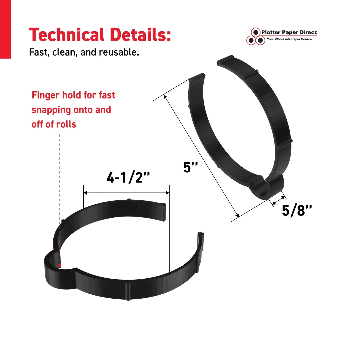 Black Vinyl Roll Retaining Clips, Quick-Release Plastic Media Holders, No Tape, No Damage, Fits 4" Core, Secures Up to 6" Diameter Rolls