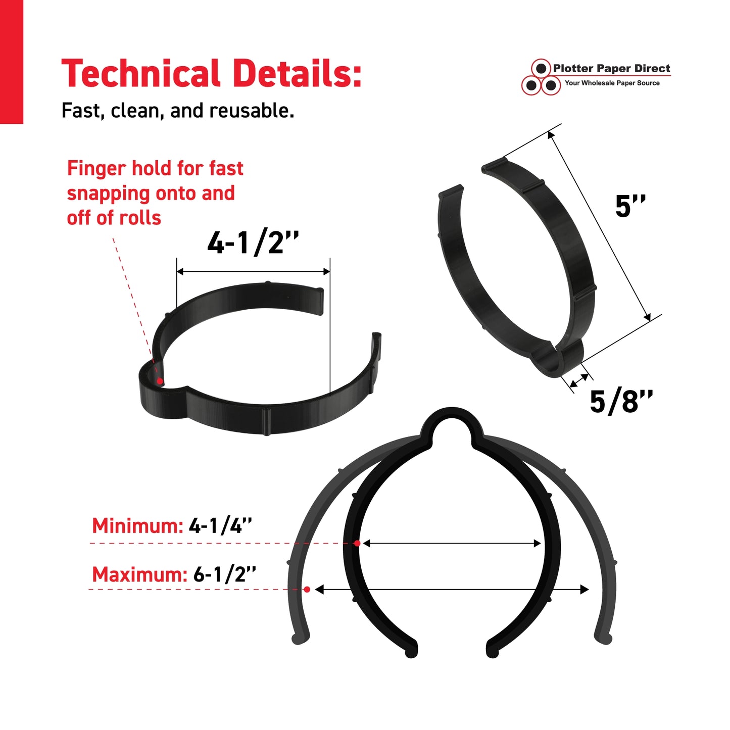 Black Vinyl Roll Retaining Clips, Quick-Release Plastic Media Holders, No Tape, No Damage, Fits 4" Core, Secures Up to 6" Diameter Rolls