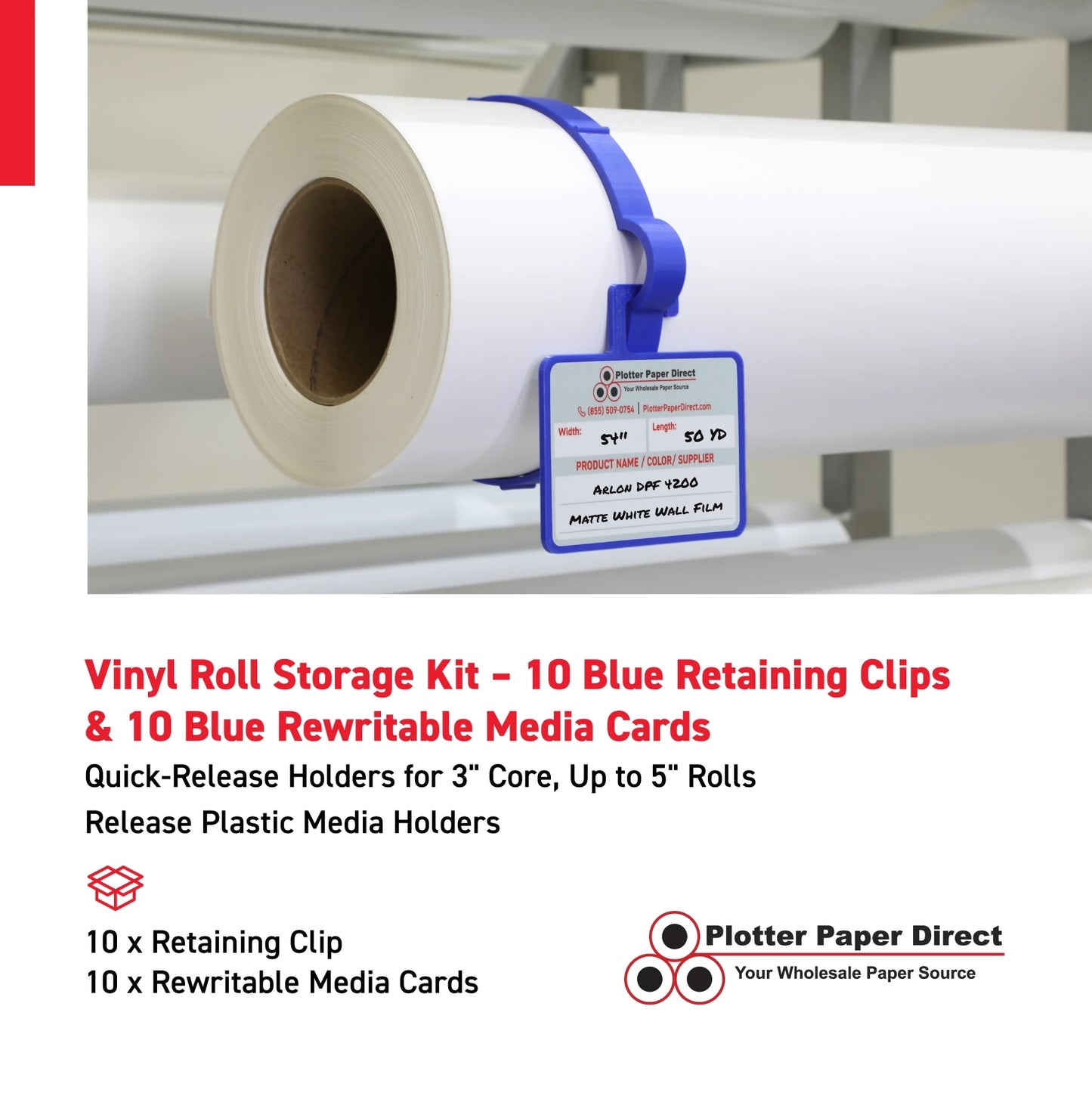 Vinyl Roll Storage Kit – 10 Blue Retaining Clips & 10 Blue Writable MediaCards | Quick-Release Holders for 4" Core, Up to 6" Rolls | Double-Sided Labeling for Size, Color & Supplier