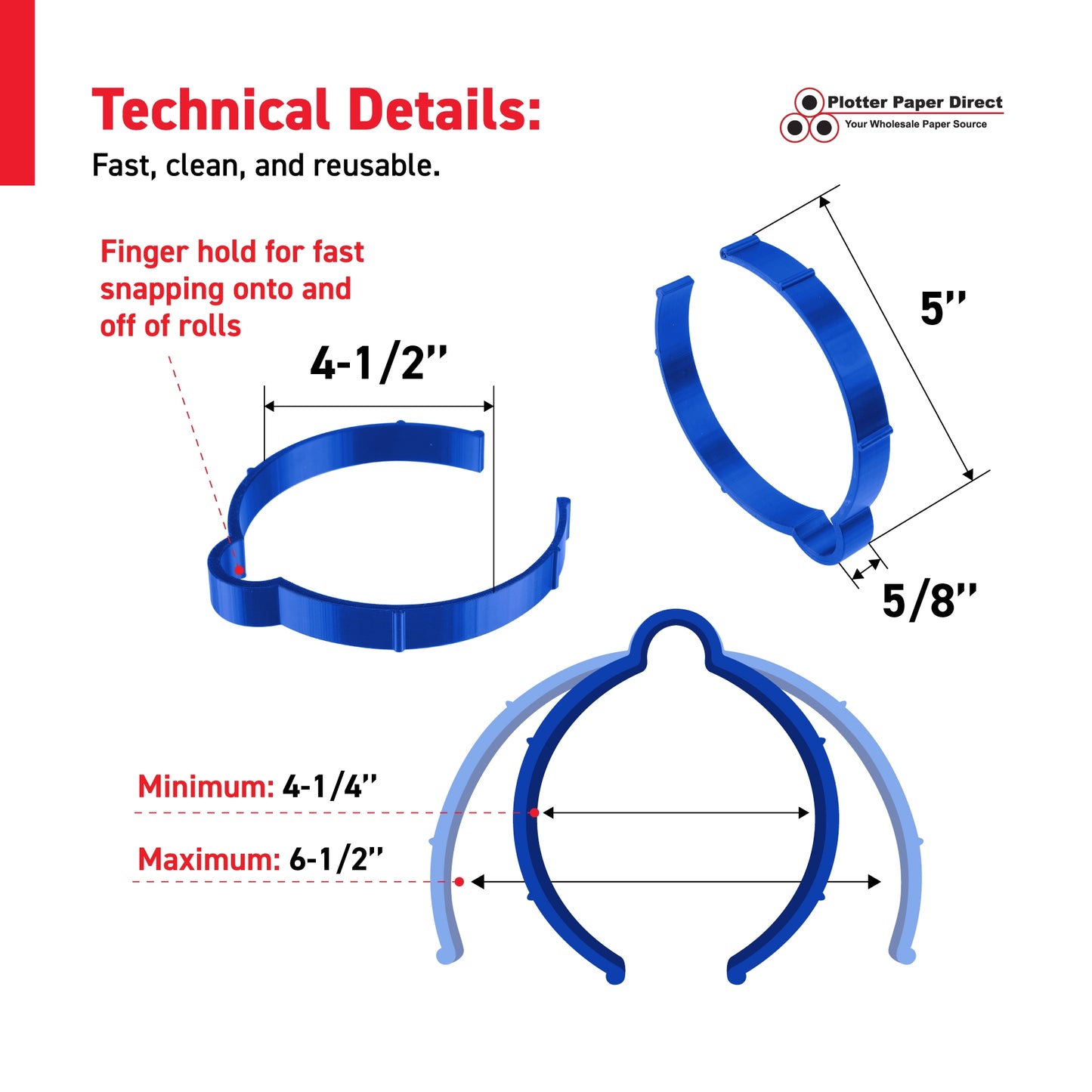 Blue Vinyl Roll Retaining Clips, Quick-Release Plastic Media Holders, No Tape, No Damage, Fits 4" Core, Secures Up to 6" Diameter Rolls