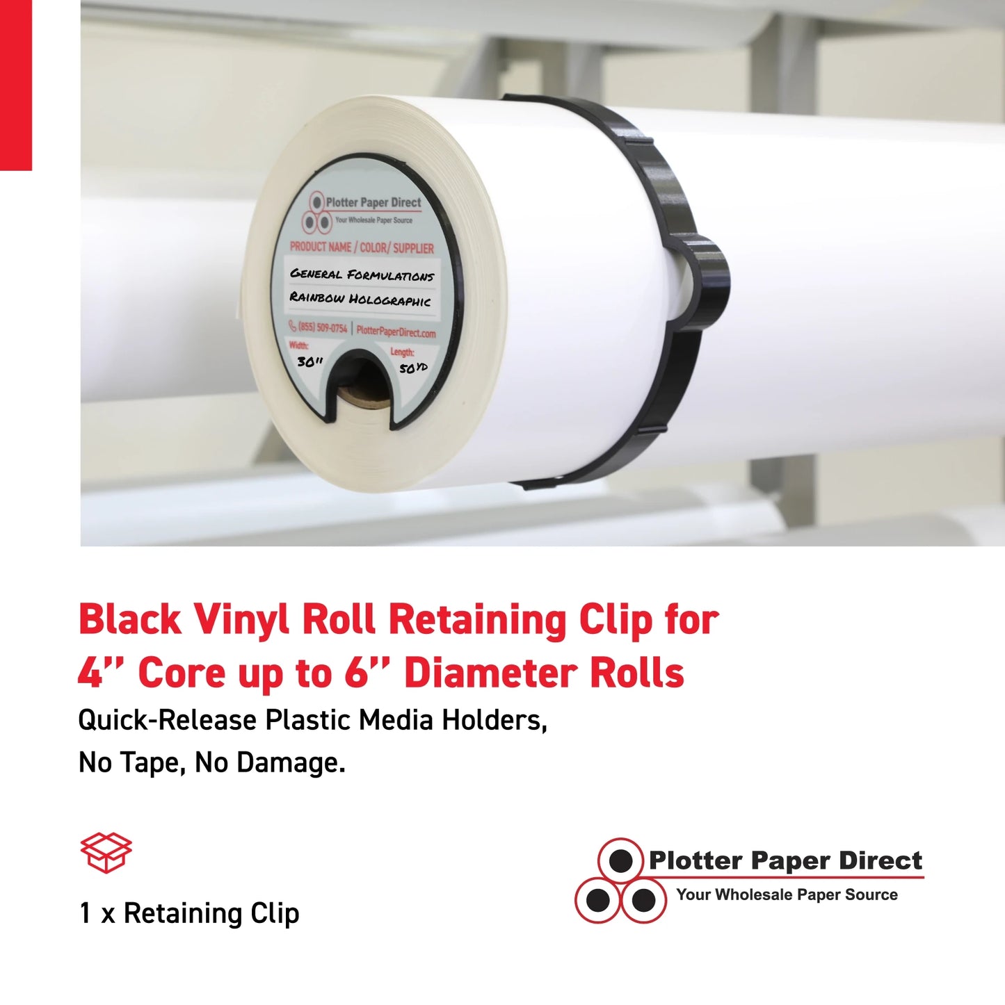Black Vinyl Roll Retaining Clips, Quick-Release Plastic Media Holders, No Tape, No Damage, Fits 4" Core, Secures Up to 6" Diameter Rolls