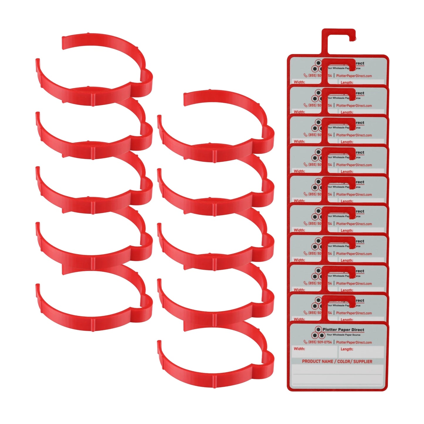 Vinyl Roll Storage Kit – 10 Red Retaining Clips & 10 Red Writable MediaCards | Quick-Release Holders for 4" Core, Up to 6" Rolls | Double-Sided Labeling for Size, Color & Supplier