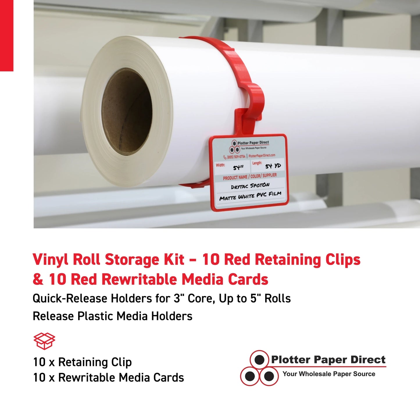 Vinyl Roll Storage Kit – 10 Red Retaining Clips & 10 Red Writable MediaCards | Quick-Release Holders for 4" Core, Up to 6" Rolls | Double-Sided Labeling for Size, Color & Supplier