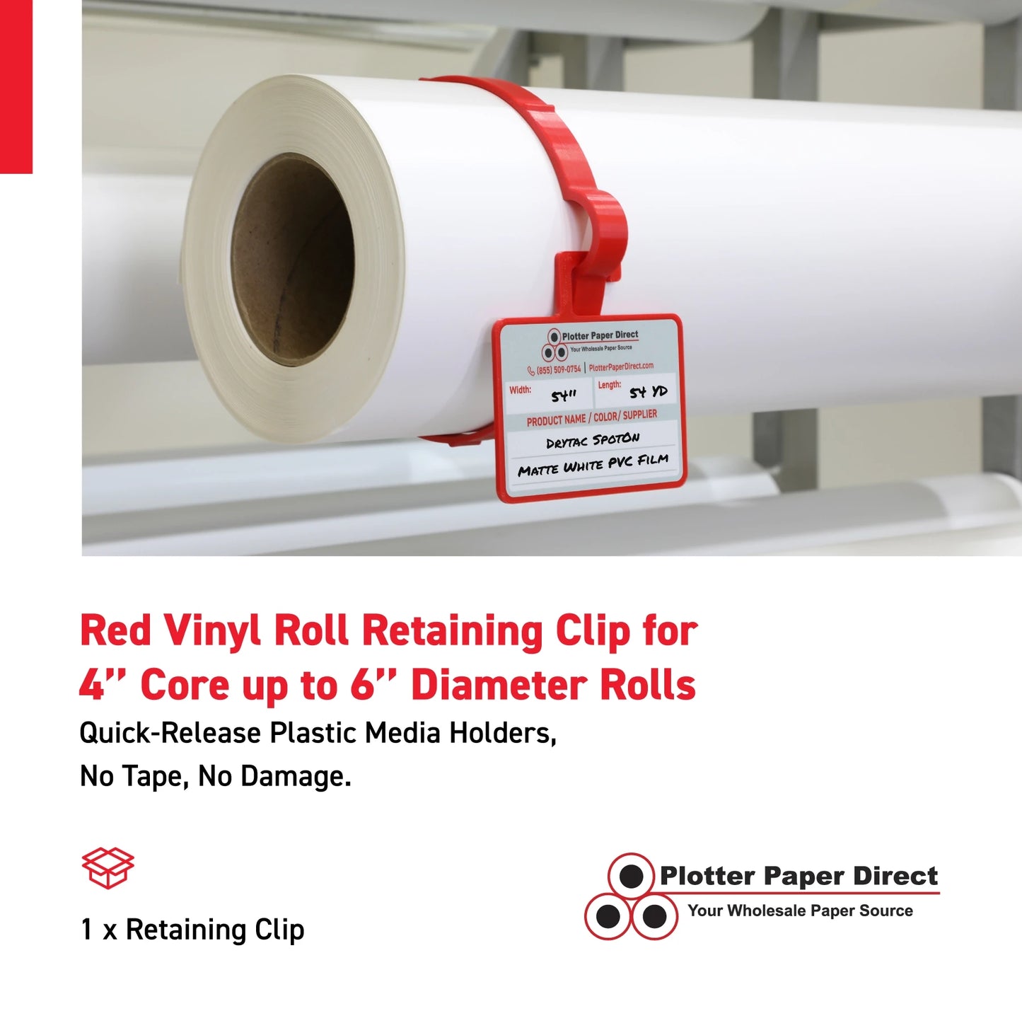 Red Vinyl Roll Retaining Clips, Quick-Release Plastic Media Holders, No Tape, No Damage, Fits 4" Core, Secures Up to 6" Diameter Rolls