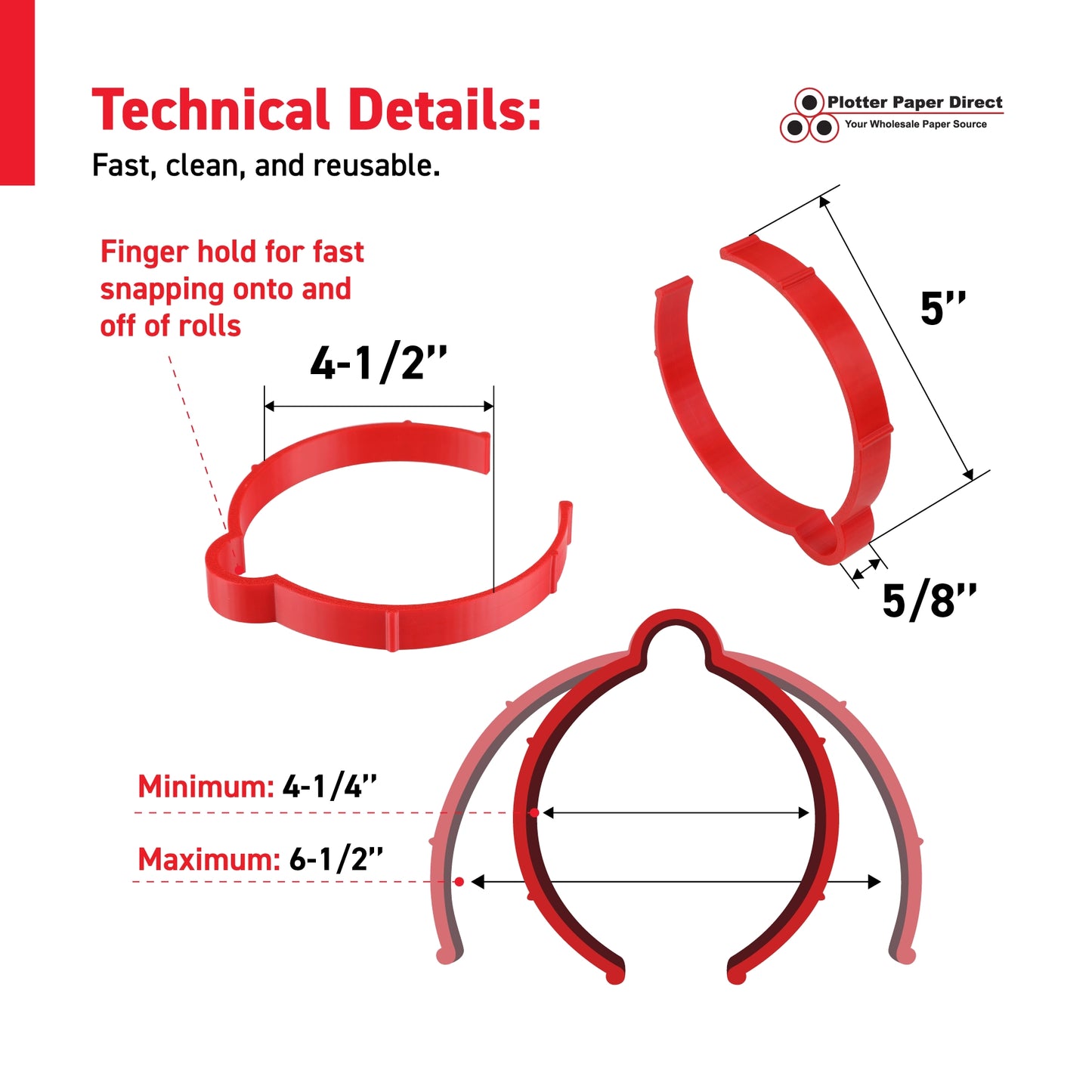Red Vinyl Roll Retaining Clips, Quick-Release Plastic Media Holders, No Tape, No Damage, Fits 4" Core, Secures Up to 6" Diameter Rolls