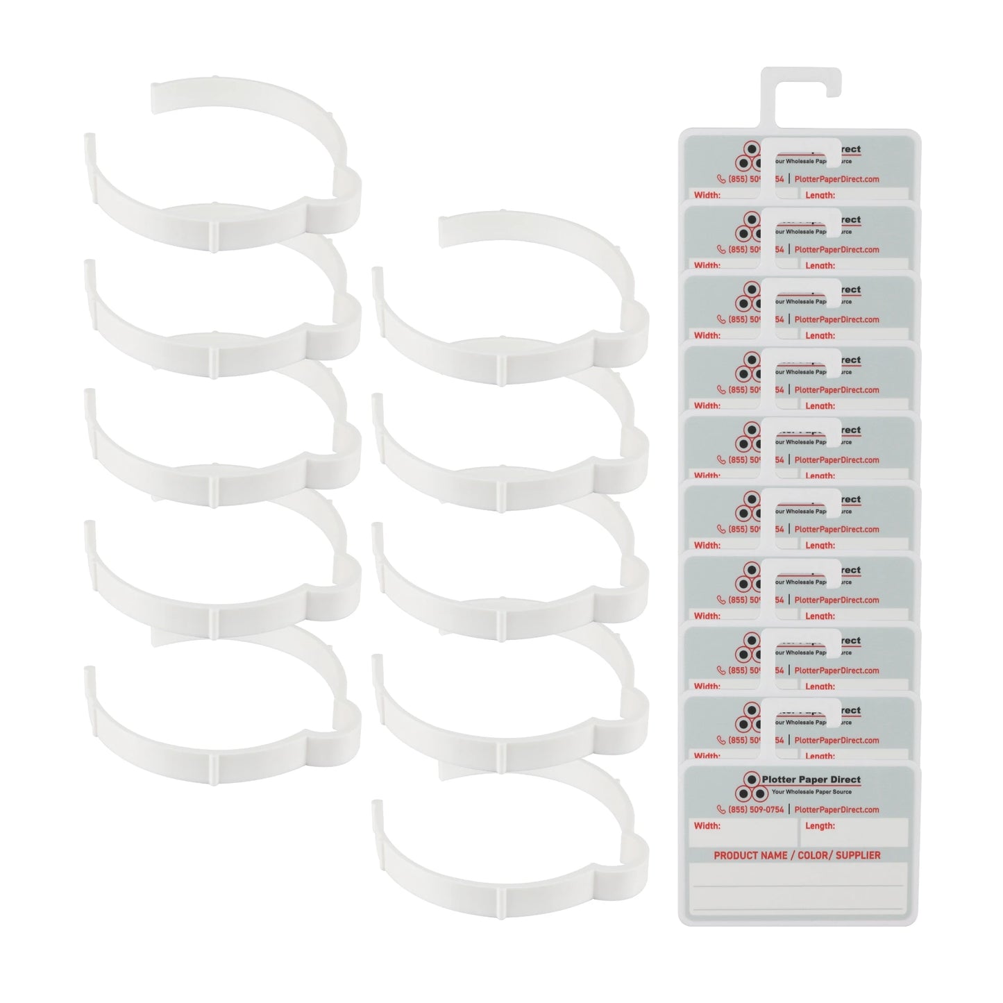 Vinyl Roll Storage Kit – 10 White Retaining Clips & 10 White Writable MediaCards | Quick-Release Holders for 4" Core, Up to 6" Rolls | Double-Sided Labeling for Size, Color & Supplier