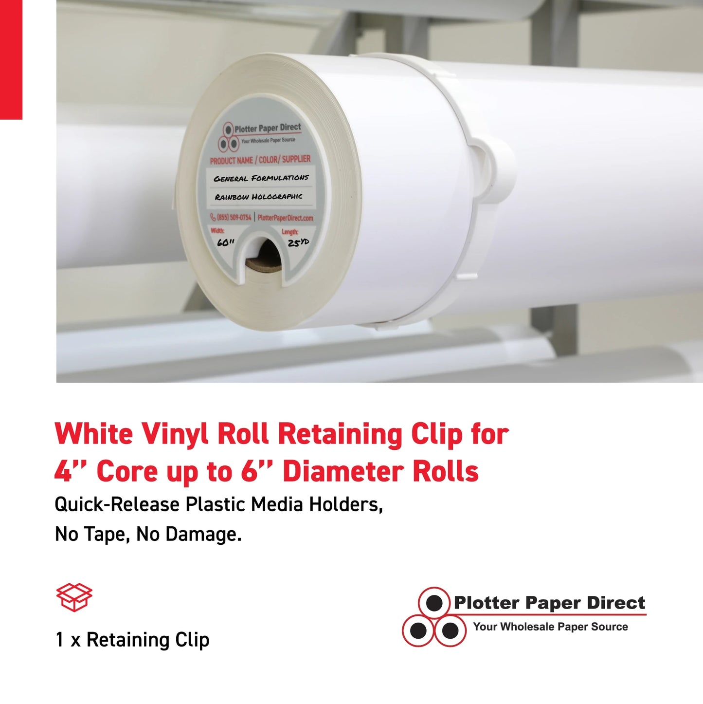 White Vinyl Roll Retaining Clips, Quick-Release Plastic Media Holders, No Tape, No Damage, Fits 4" Core, Secures Up to 6" Diameter Rolls