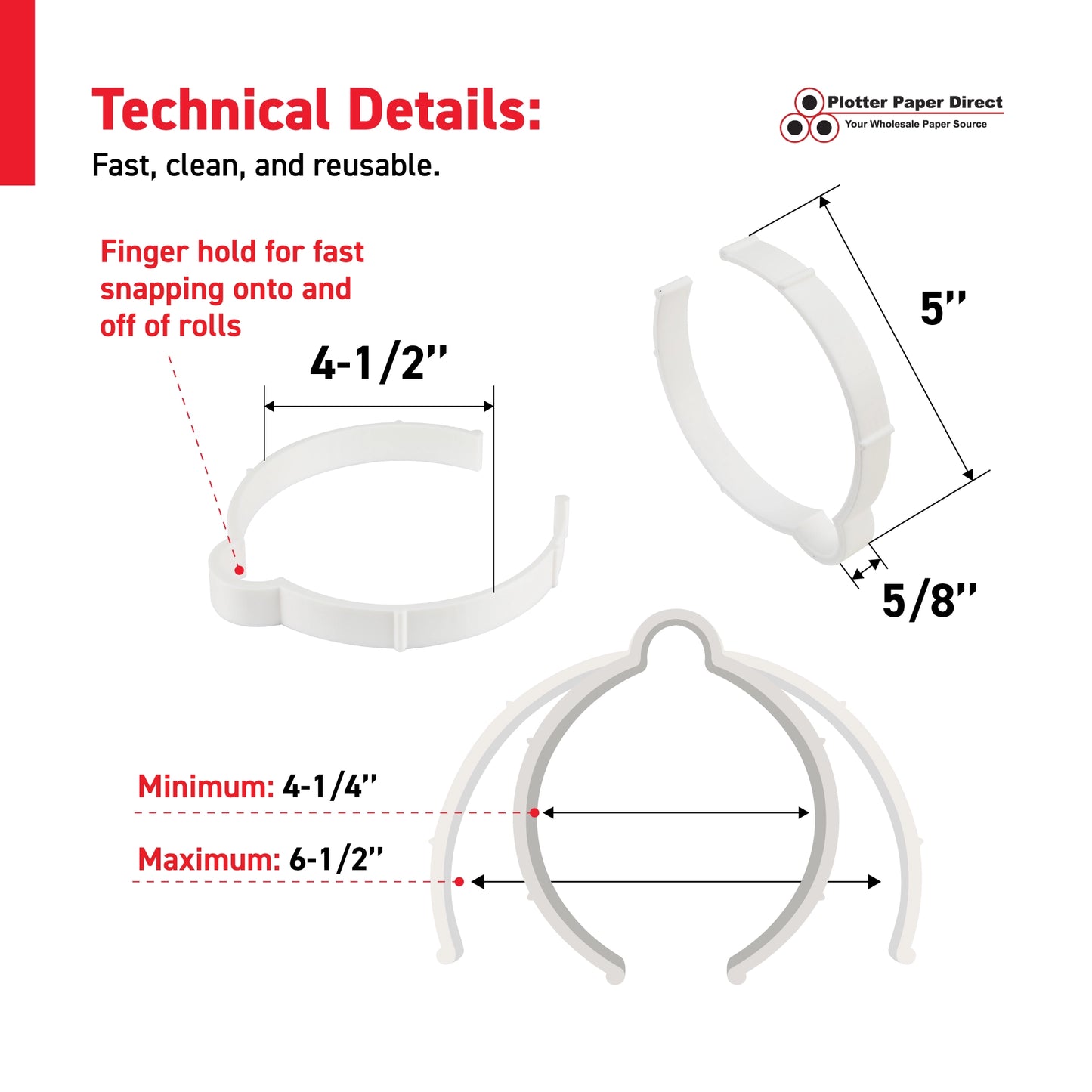 White Vinyl Roll Retaining Clips, Quick-Release Plastic Media Holders, No Tape, No Damage, Fits 4" Core, Secures Up to 6" Diameter Rolls