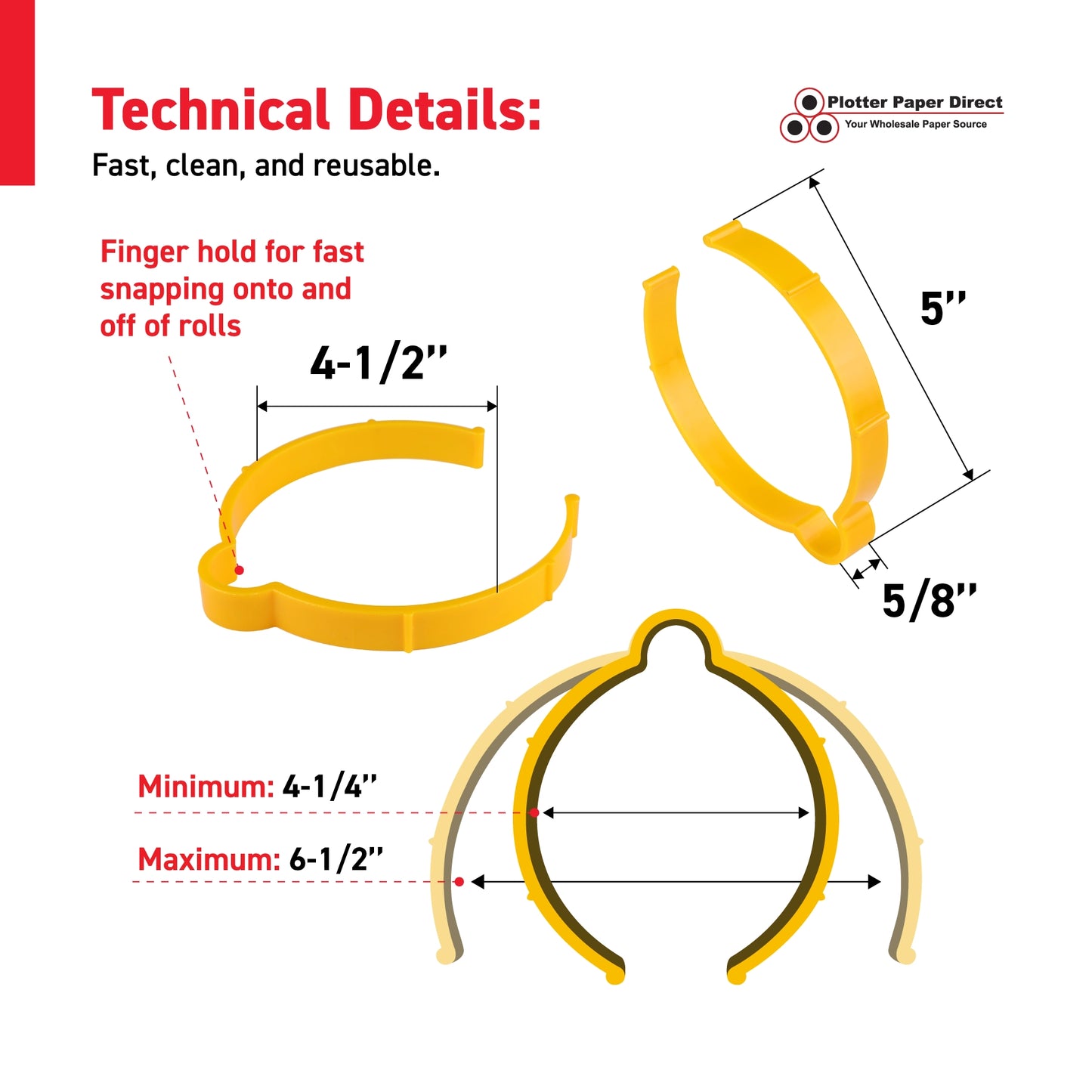 Yellow Vinyl Roll Retaining Clips, Quick-Release Plastic Media Holders, No Tape, No Damage, Fits 4" Core, Secures Up to 6" Diameter Rolls