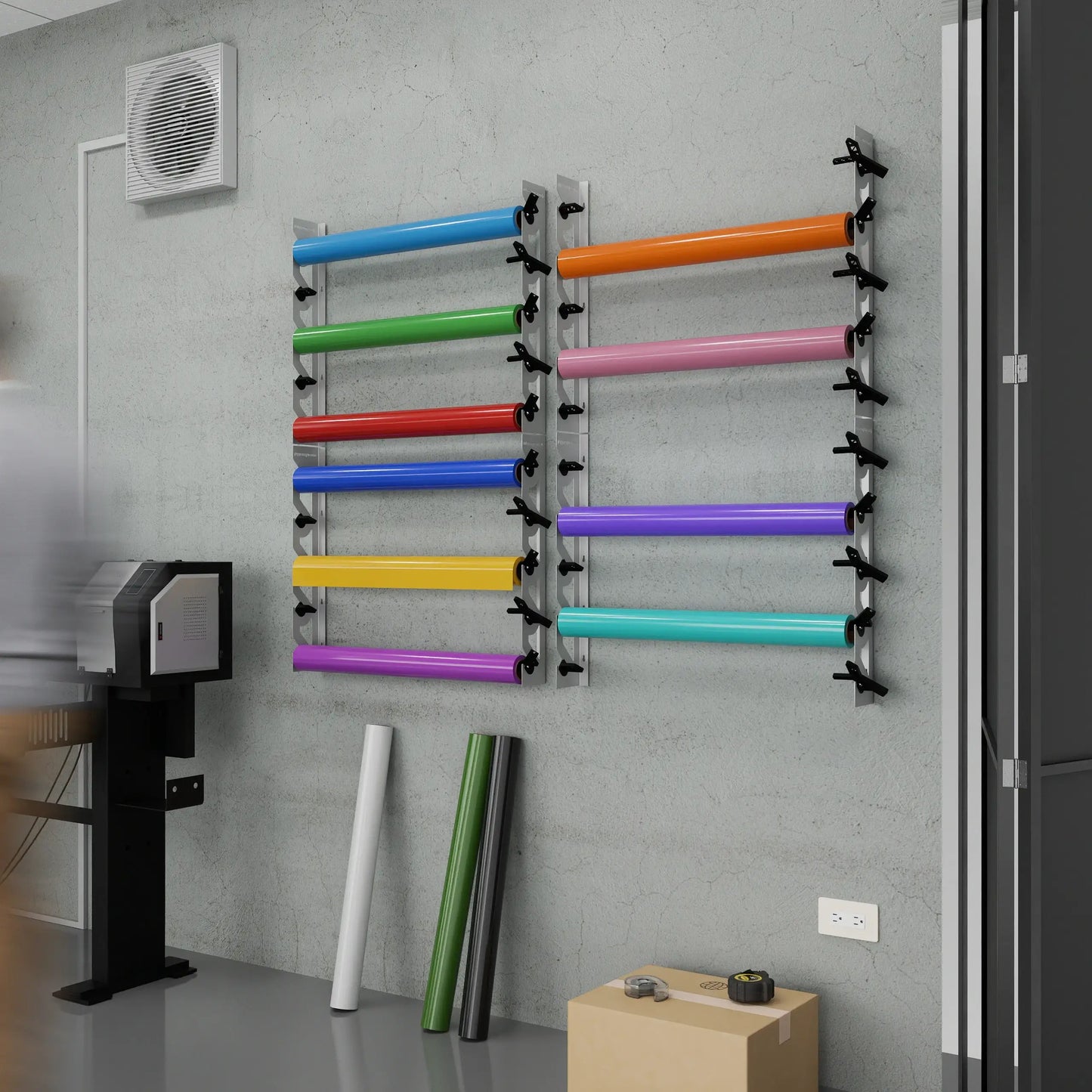 White Aluminum Wall Mounted Vinyl Roll Storage Rack with Black V-Bracket ABS Plastic Swivel Arm – Holds 5 Vinyl Rolls, Space-Saving Organizer for Studios & Print Shops
