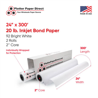 (2) 24'' x 300' Rolls - 20# Plotter Paper - 2'' Core