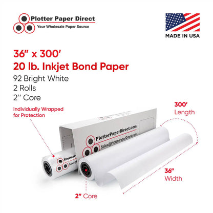(2) 36'' x 300' Rolls - 20# Plotter Paper - 2'' Core