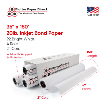 (4) 36'' x 150' Rolls - 20# Plotter Paper - 2'' Core