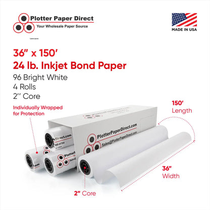 (4) 36'' x 150' Rolls - 24# Plotter Paper - 2'' Core