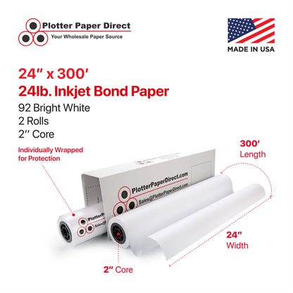(2) 24'' x 300' Rolls - 24# Coated Bond - 2'' Core