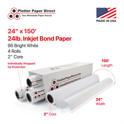 (4) 24'' x 150' Rolls - 24# Coated Bond - 2'' Core