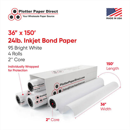 (4) 36'' x 150' Rolls - 24# Coated Bond - 2'' Core