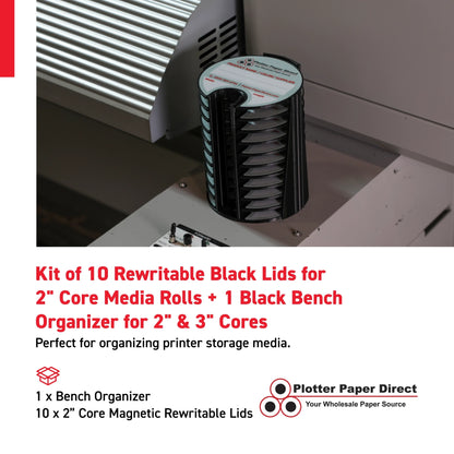 Kit of 10 Rewritable Black Lids for 2" Core Media Rolls + 1 Black Bench Organizer for 2" & 3" Cores – Durable Storage & Organization for Print Shops and Studios