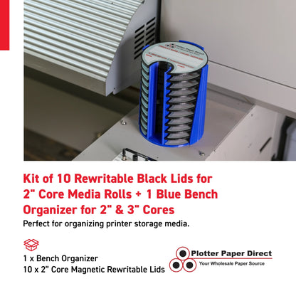 Kit of 10 Rewritable Black Lids for 2" Core Media Rolls + 1 Blue Bench Organizer for 2" & 3" Cores – Durable Storage & Organization for Print Shops and Studios