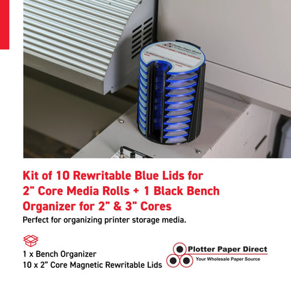Kit of 10 Rewritable Blue Lids for 2" Core Media Rolls + 1 Black Bench Organizer for 2" & 3" Cores – Durable Storage & Organization for Print Shops and Studios