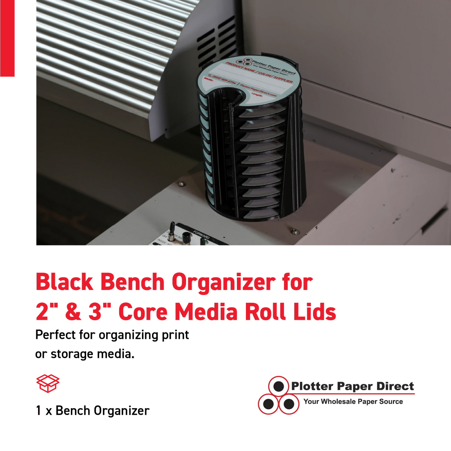 Black Bench Organizer for 2" & 3" Core Media Roll Lids – Durable & Space-Saving