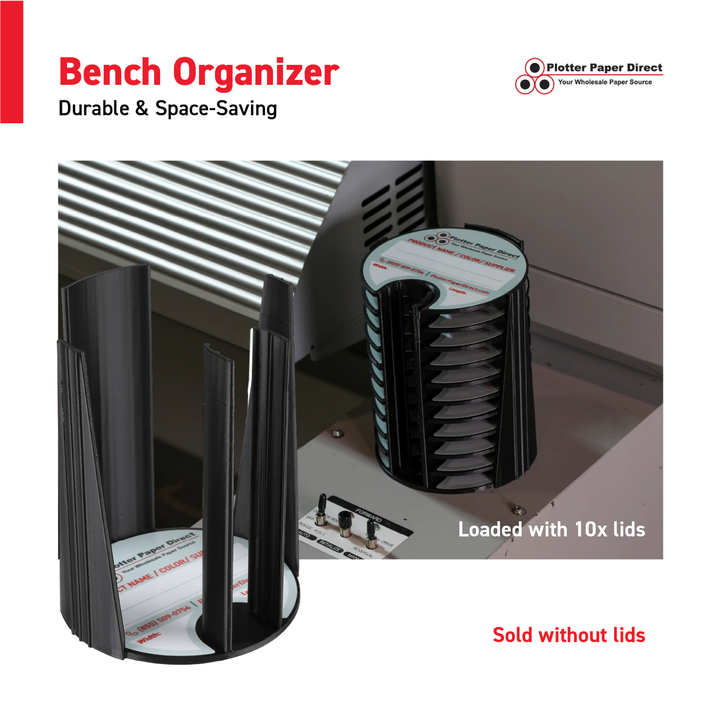 Black Bench Organizer for 2" & 3" Core Media Roll Lids – Durable & Space-Saving