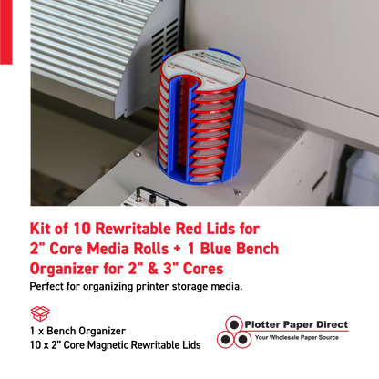 Kit of 10 Rewritable Red Lids for 2" Core Media Rolls + 1 Blue Bench Organizer for 2" & 3" Cores – Durable Storage & Organization for Print Shops and Studios