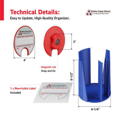 Kit of 10 Rewritable Red Lids for 2" Core Media Rolls + 1 Blue Bench Organizer for 2" & 3" Cores – Durable Storage & Organization for Print Shops and Studios