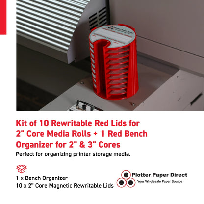Kit of 10 Rewritable Red Lids for 2" Core Media Rolls + 1 Red Bench Organizer for 2" & 3" Cores – Durable Storage & Organization for Print Shops and Studios