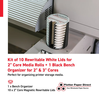 Kit of 10 Rewritable White Lids for 2" Core Media Rolls + 1 Black Bench Organizer for 2" & 3" Cores – Durable Storage & Organization for Print Shops and Studios