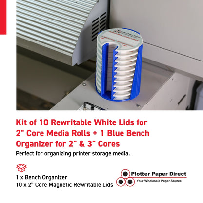 Kit of 10 Rewritable White Lids for 2" Core Media Rolls + 1 Blue Bench Organizer for 2" & 3" Cores – Durable Storage & Organization for Print Shops and Studios