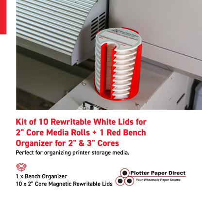 Kit of 10 Rewritable White Lids for 2" Core Media Rolls + 1 Red Bench Organizer for 2" & 3" Cores – Durable Storage & Organization for Print Shops and Studios