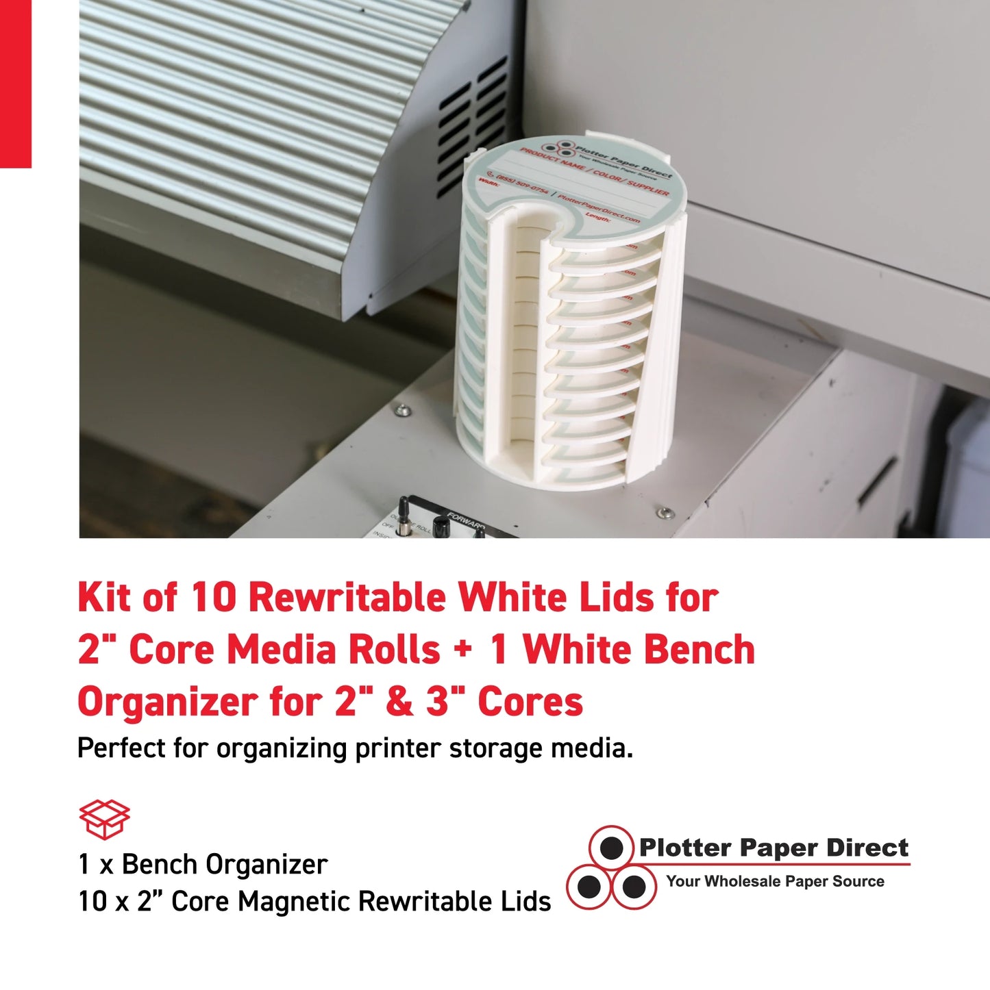 Kit of 10 Rewritable White Lids for 2" Core Media Rolls + 1 White Bench Organizer for 2" & 3" Cores – Durable Storage & Organization for Print Shops and Studios