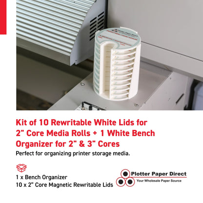 Kit of 10 Rewritable White Lids for 2" Core Media Rolls + 1 White Bench Organizer for 2" & 3" Cores – Durable Storage & Organization for Print Shops and Studios