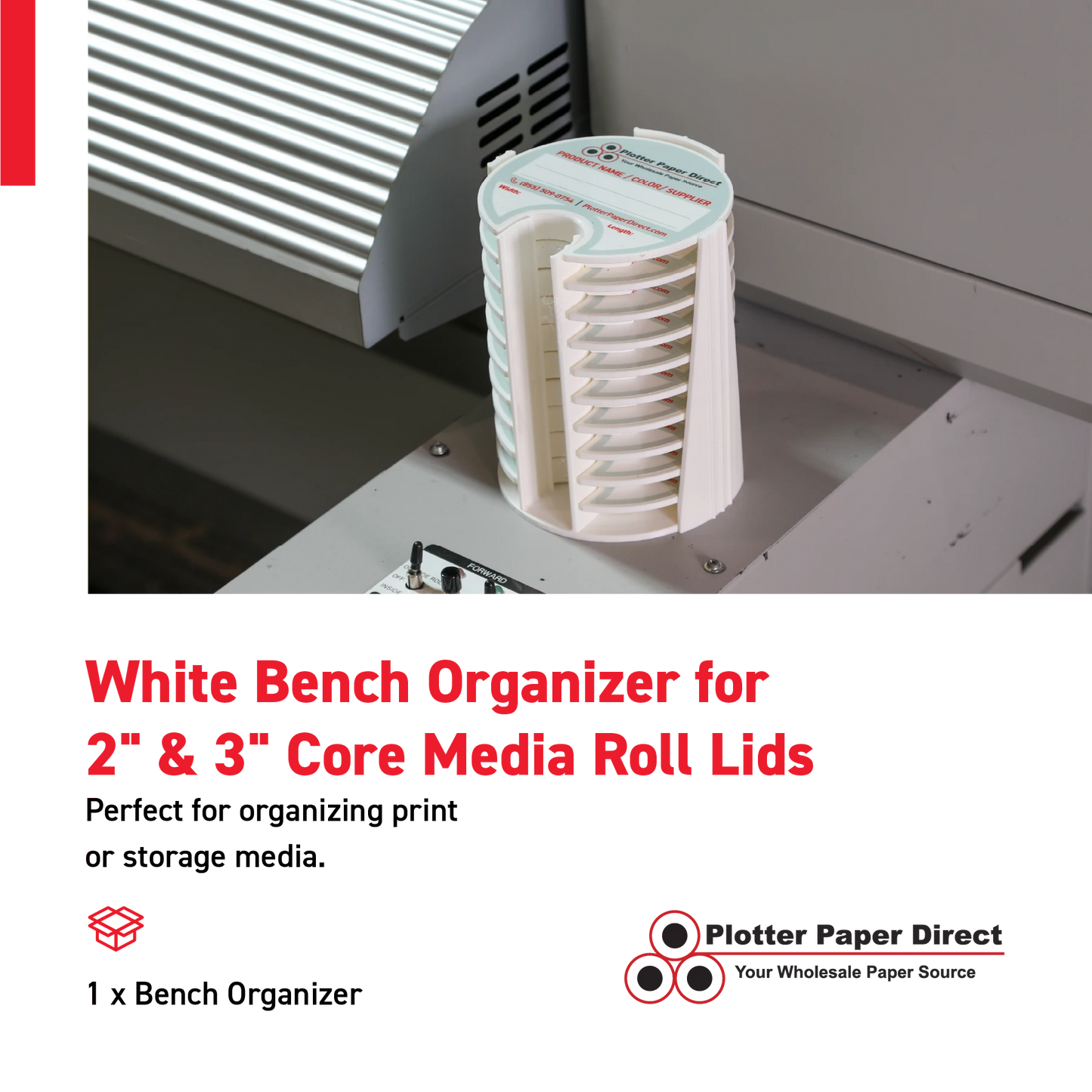 White Bench Organizer for 2" & 3" Core Media Roll Lids – Durable & Space-Saving