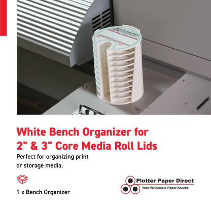 White Bench Organizer for 2" & 3" Core Media Roll Lids – Durable & Space-Saving