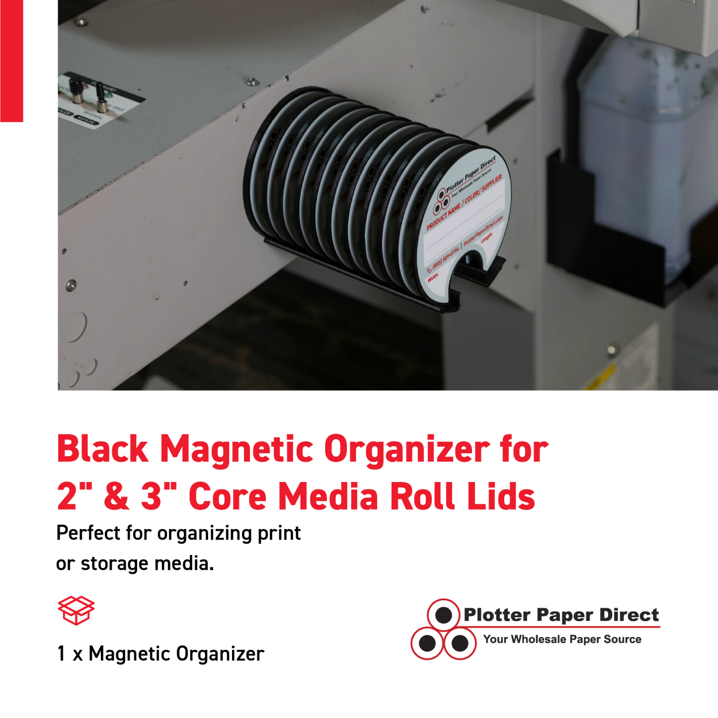 Black Magnetic Wall Organizer for 2" & 3" Core Media Roll Lids – Space-Saving Storage for Print Shops, Vinyl Roll Accessories, Durable & Easy to Mount