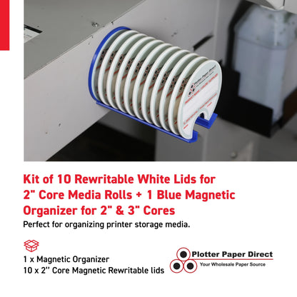 Kit of 10 Rewritable White Lids for 2" Core Media Rolls + 1 Blue Magnetic Wall Organizer for 2" & 3" Cores – Durable Storage Solution for Print & Sign Shops
