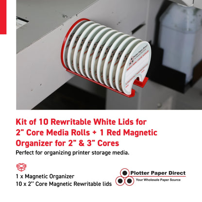 Kit of 10 Rewritable White Lids for 2" Core Media Rolls + 1 Red Magnetic Wall Organizer for 2" & 3" Cores – Durable Storage Solution for Print & Sign Shops