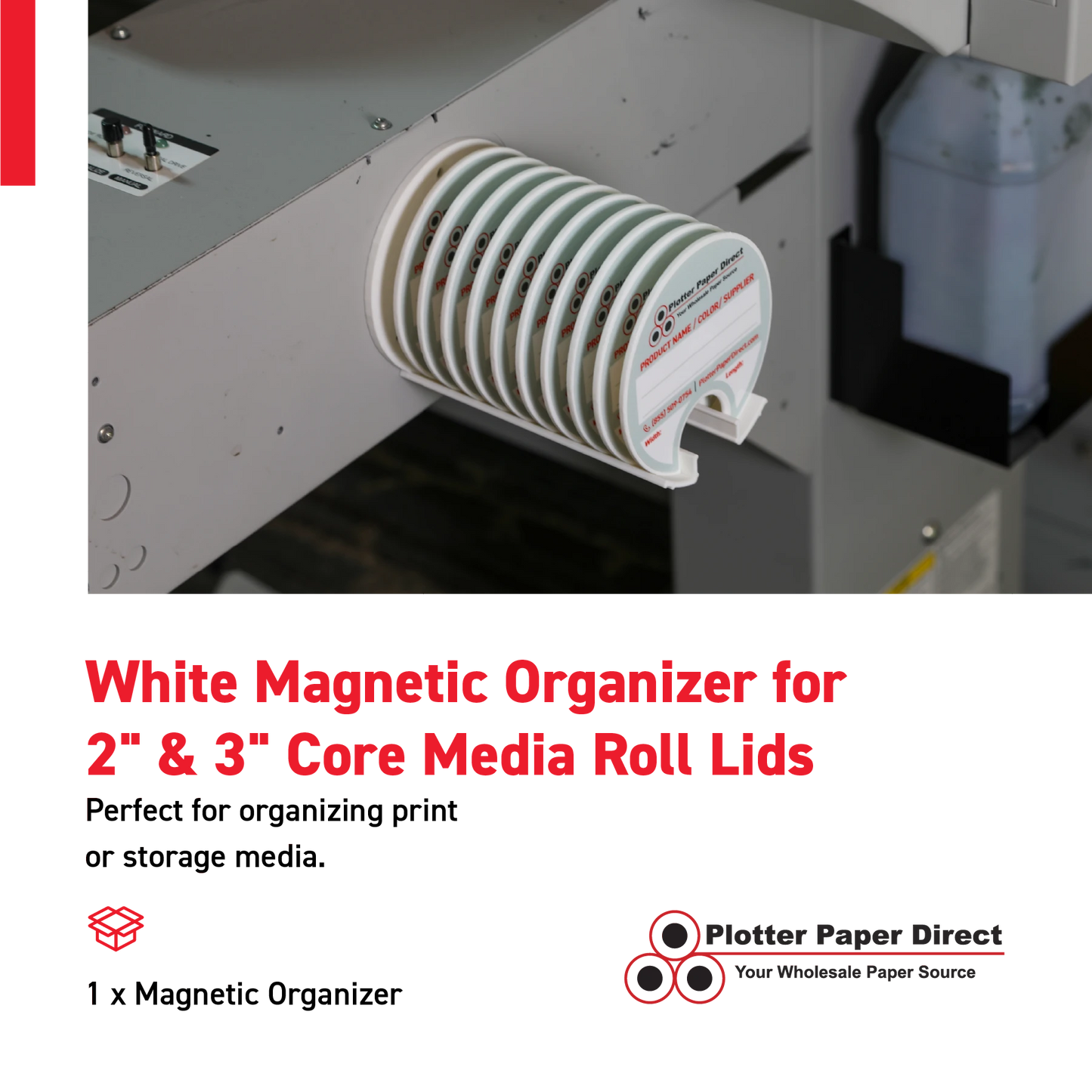 White Magnetic Wall Organizer for 2" & 3" Core Media Roll Lids – Space-Saving Storage for Print Shops, Vinyl Roll Accessories, Durable & Easy to Mount