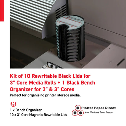 Kit of 10 Rewritable Black Lids for 3" Core Media Rolls + 1 Black Bench Organizer for 2" & 3" Cores – Durable Storage & Organization for Print Shops and Studios