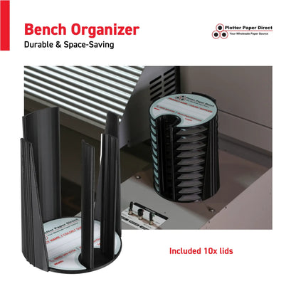Kit of 10 Rewritable Black Lids for 3" Core Media Rolls + 1 Black Bench Organizer for 2" & 3" Cores – Durable Storage & Organization for Print Shops and Studios