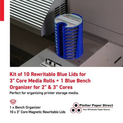 Kit of 10 Rewritable Blue Lids for 3" Core Media Rolls + 1 Blue Bench Organizer for 2" & 3" Cores – Durable Storage & Organization for Print Shops and Studios