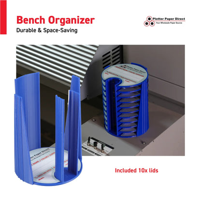 Kit of 10 Rewritable Blue Lids for 3" Core Media Rolls + 1 Blue Bench Organizer for 2" & 3" Cores – Durable Storage & Organization for Print Shops and Studios
