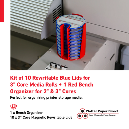 Kit of 10 Rewritable Blue Lids for 3" Core Media Rolls + 1 Red Bench Organizer for 2" & 3" Cores – Durable Storage & Organization for Print Shops and Studios
