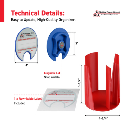 Kit of 10 Rewritable Blue Lids for 3" Core Media Rolls + 1 Red Bench Organizer for 2" & 3" Cores – Durable Storage & Organization for Print Shops and Studios