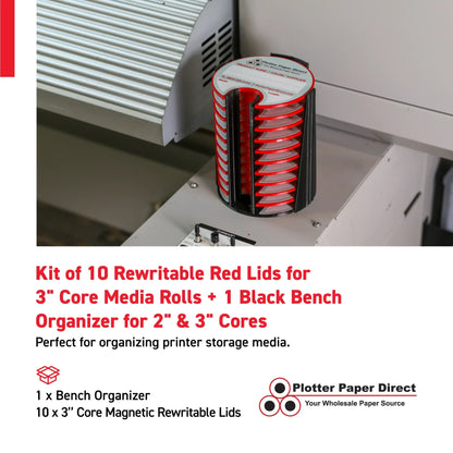 Kit of 10 Rewritable Red Lids for 3" Core Media Rolls + 1 Black Bench Organizer for 2" & 3" Cores – Durable Storage & Organization for Print Shops and Studios