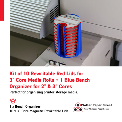Kit of 10 Rewritable Red Lids for 3" Core Media Rolls + 1 Blue Bench Organizer for 2" & 3" Cores – Durable Storage & Organization for Print Shops and Studios